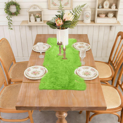 36'' Summer Spring Green Table Runner Short, Small Fluffy Faux Fur Dresser Runners for Bedroom, Furry Coffee Table