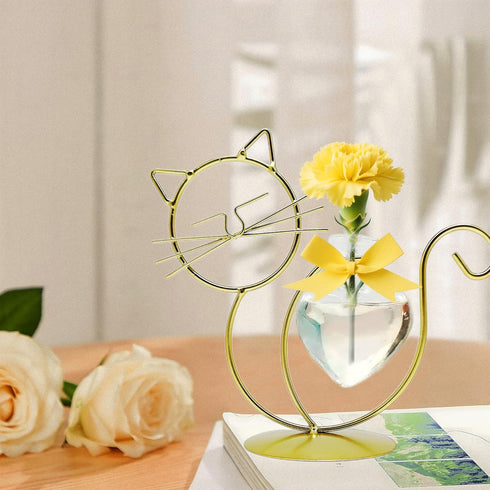 LEAHPENG Cat-7.4inch) Desktop Glass Planter Vase Holder, Metal Stand Creative Cat Plant Terrarium for Hydroponics