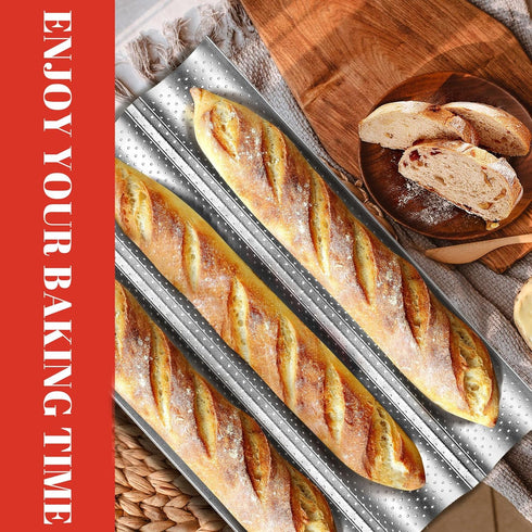 GGC 3-Loaf Baguette Bread Pan, Nonstick Perforated Grade Coating for Baking Crispy Baguettes