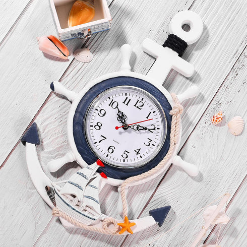 Sea Theme Nautical Anchor Steering Wheel Wall Clock, Suit for Hanging Decoration and Wall Mounted Ornament