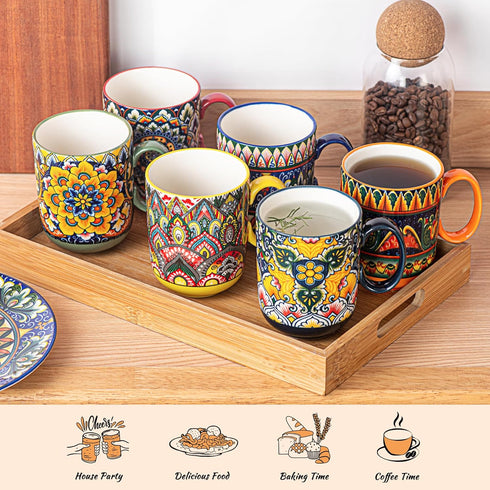 Set 6, 14 oz Henten Home Porcelain Coffee Mug of Colorful Latte Cup with Handle, Boho Ceramic Mug for Hot Chocolate