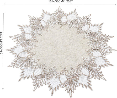 15 inches 15 Natural Linen Doily Round Neutral Earth Tones Beige Lace Coffee Table Topper Dresser Scarf Place Mats