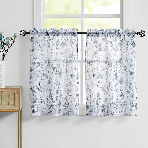 Set 3 Set 36 inch Fragrantex Blue and Grey Floral Sheer Kitchen Curtains and Valances for Cafe Piece Watercolor Flower