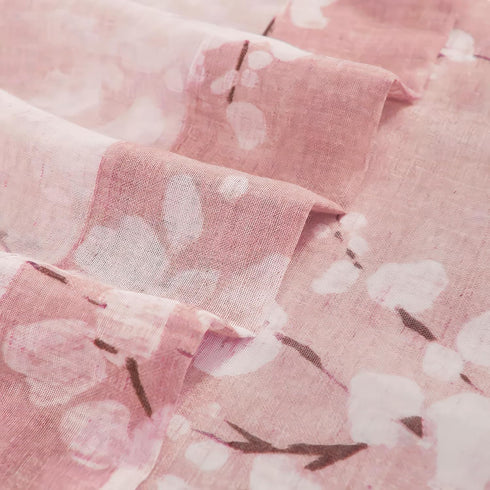 FMFUNCTEX Linen Sheer Curtains, Blush Pink Blossom Patterned, 96 Inches Long, Floral Drapes for Kids Room and Living