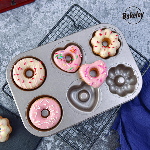 Fancy Donut Pan, 6 Cavity Heavy Duty Steel Non-stick Mold, Heart Flower Round Shaped Bund Pans for Oven Baking