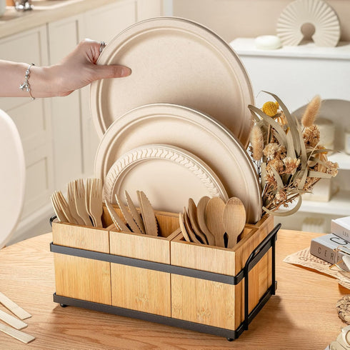 PTSTING Wood Silverware Caddy, Utensil Holder, Paper Plate Dispenser, Cutlery Organizer Box