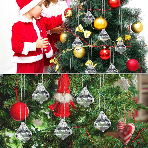 60 Pieces Acrylic Crystal Ball Christmas Tree Ornaments, Acrylic Diamond Pendants with Silver Thread for Decorations
