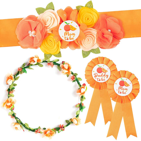 Little Cutie Citrus Maternity Sash, Orange Clementine Flower Crown, Mom to Be & Daddy to Be Corsage, Autumn Baby Shower