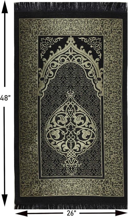 Modefa Islamic Prayer Rug Thin Woven Chenille and Taffeta Turkish Sajadah Intricate Design Metallic Ottoman Mat (Black