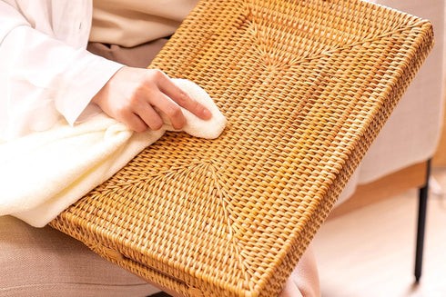 14.5" Small Hand-Woven Rattan Serving Tray with Handles Rectangular Snack Tray for Coffee Table, Fruit, Drinks, Decor