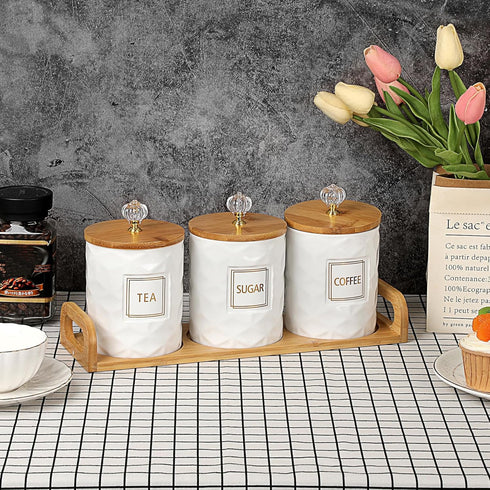 JUXYES Set 3 Set Sets Counter of Ceramic Canisters for Sugar Coffee Tea With Handle Tray, Luxurious Storage Containers