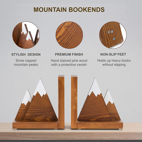 Waratah Designs Mountain Bookends - Wooden Non Slip Decorative Bookends for Heavy Books - Rustic Office Decor