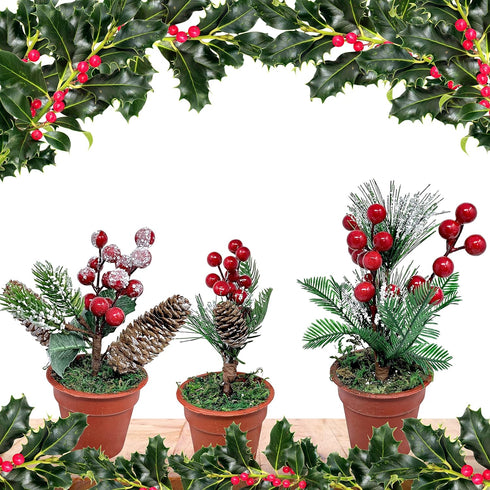 Christmas Tabletop Decorative Pots Set of 3 with Pine Red Berries, Pine Cones Greenery - Snow Flocked Xmas Holiday Decor