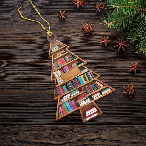 NGHYANNA 4 Inch NGHYANA Wooden Christmas Tree Bookshelf Ornament Book Lover Holiday Decoration