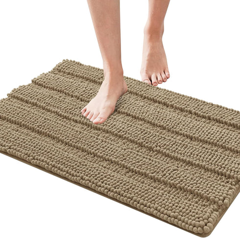 SUBRTEX Bathroom Rugs Chenille Bath Rug - Soft Non Slip Striped Plush Bath Mat for Bathroom (Sand, 16"x24")