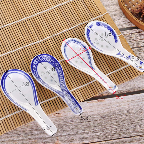 VanEnjoy Set of 4 Chinese/Japanese Ceramic Soup Spoons, Tradition Blue and White Ceramic Spoon Suitable for Soup