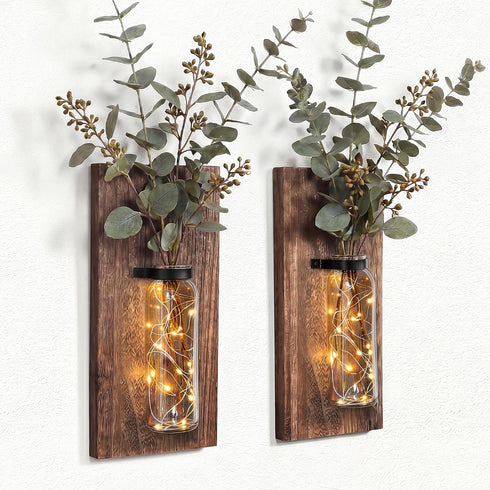 Heiple 2 Pack Wood Glass Wall Sconces, Farmhouse Planters for Indoor Plants,