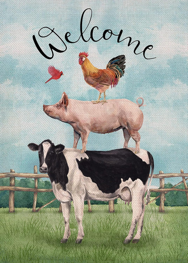 Welcome Summer Rooster Pig Cow Cardinal Garden Flag, Decorative Country Yard Outside Decoration, 12x18