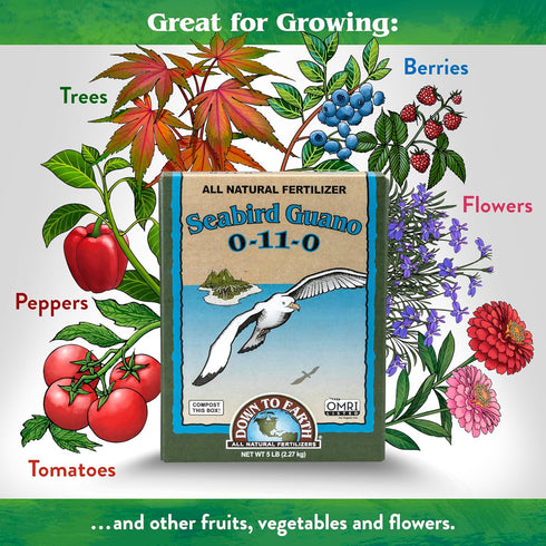 0-11-0, 5 lb Down To Earth All Natural Fertilizers Organic Seabird Guano - High Phosphorus Plant Food for Buds, Blooms
