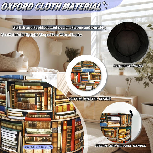 RGIFYIAE 18.9"x16.5" Retro Wooden Bookshelf Laundry Basket Oxford Cloth Books Laundry Hamper With Handle Foldable