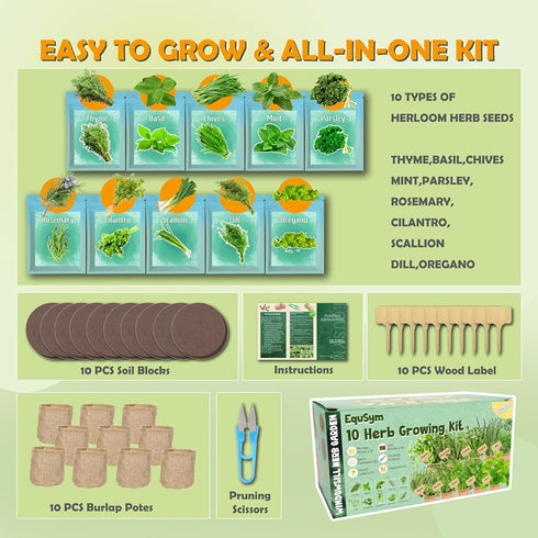 EquSym 10 Herb Window Garden Kit Indoor - Herb Seeds for Indoor & Outdoor Gardening, Seeds for Planting, Gardening Gift