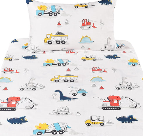 J-pinno Cozy Set 100% Set Dinosaur Construction Work Digger Cars Vehicle Cute Fun Twin Sheet for Kids Girls Children