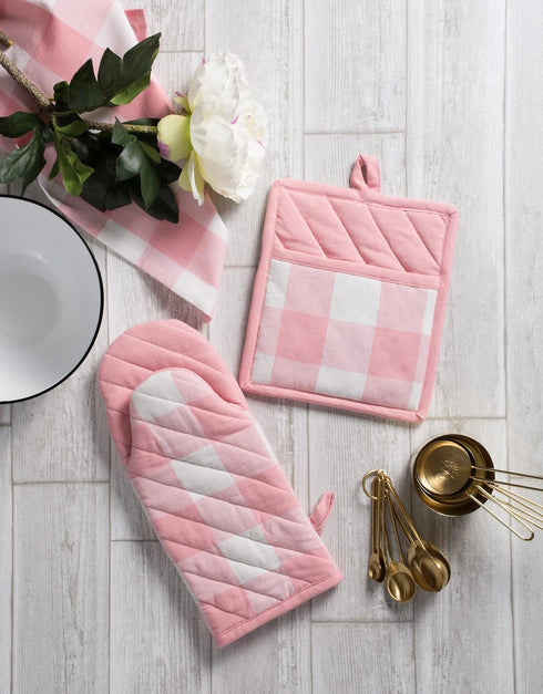 DII Buffalo Check Kitchen Collection - Classic Farmhouse Kitchen Set, Potholder, 2 Piece, Pink & White