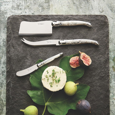 Jean Dubost Laguiole 3-Piece Cheese Knife Set - Black Handles, Rust-Resistant Stainless Steel, Includes Wooden Tray,