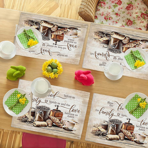 Set 4, 12x18 Inch Christian Coffee Placemats of Bless The Food Before Us Place Mats, Religious Table Mats for Kitchen
