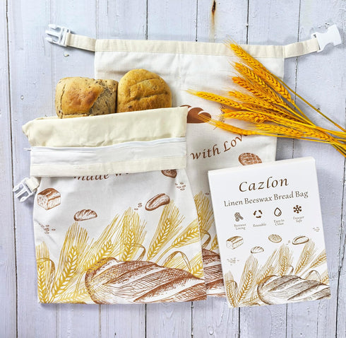 Cazlon (2-Pack, 12"x17", Eco-Friendly Linen Beeswax Bread Bags Reusable, Sustainable Storage for Homemade Bread