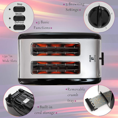 Moss & Stone 2 Slice Toaster with 1.5in Extra-Wide Slot, 5 Shade Settings, Removable Crumb Tray, Black