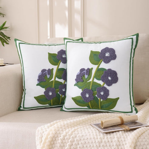Set of 2 Embroidered Throw Pillow Covers 18x18 Inch, Purple Flower with Green Leaves for Living Room Sofa