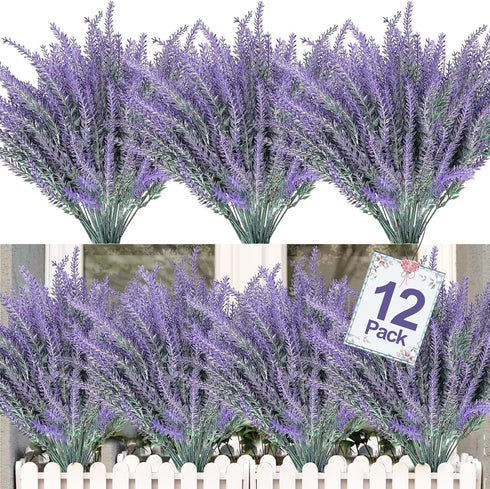 TURNMEON 12 Bundles Artificial Lavender Flowers, UV Resistant Faux Plastic Shrubs for Wedding Bouquet and Home Decor