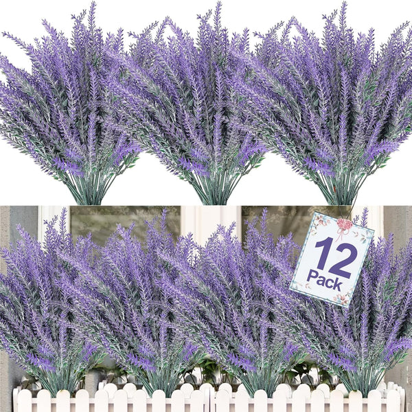 TURNMEON 12 Bundles Artificial Lavender Flowers, UV Resistant Faux Plastic Shrubs for Wedding Bouquet and Home Decor