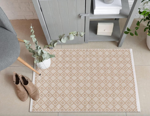 THE BEER VALLEY Diamond Woven Rug 2'x3' - Beige, Anti-Slip Cotton Accent Rugs for Kitchen, Entryway, Bathroom