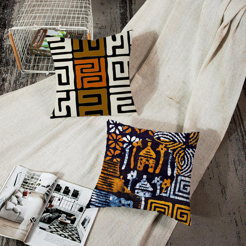 ArtSocket Set of 4 Throw Pillow Covers - Orange Tribal Kuba Inspired, Earth Colors Geometric Ethnic 18x18 Inches