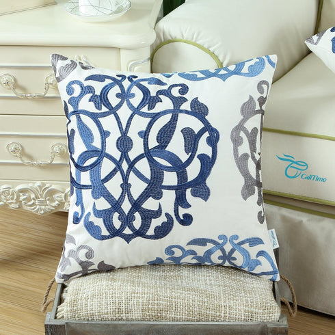 CaliTime Throw Pillow Cases, Pack of 2, Cotton Vintage Compass Geometric Floral Embroidered Cushion Covers, 20 x 20