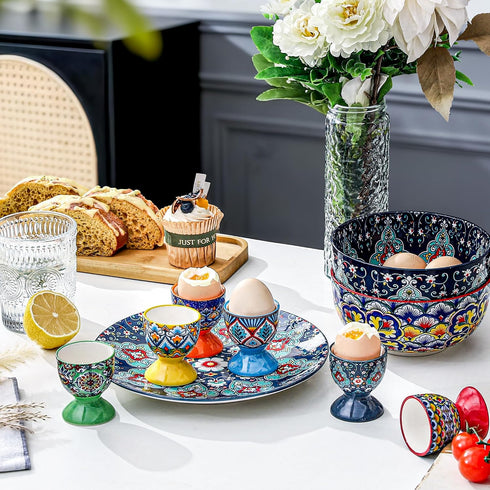 Set 6 HENXFEN LEAD Boho Ceramic Egg Cups of Colorful Egg Holders for Soft & Hard Boiled Eggs, Microwave & Dishwasher