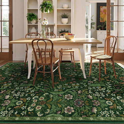 57 Dark Green Washable Floral Area Rug,Vintage Boho Soft Low-Pile Living Room Rugs, Stain Resistant Botanical Non-Slip