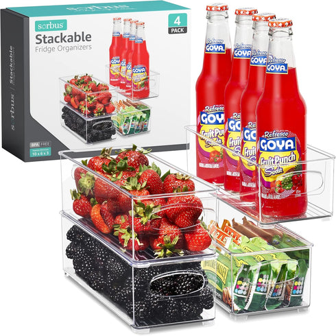 Sorbus Stackable Refrigerator Organizer Bins, Clear Storage Bins for Kitchen Pantry, Freezer & Fridge Organization, 4
