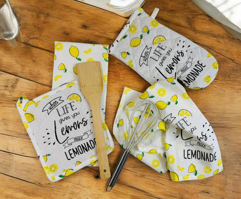 Lemon Kitchen Towels and Pot Holders Set: Colorful Printed "When Life Gives You Lemons, Make Lemonade" on 100% Cotton