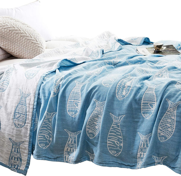MEJU Fish Blue Muslin Lightweight Summer Blanket for Bed Sofa Couch 100% Combed