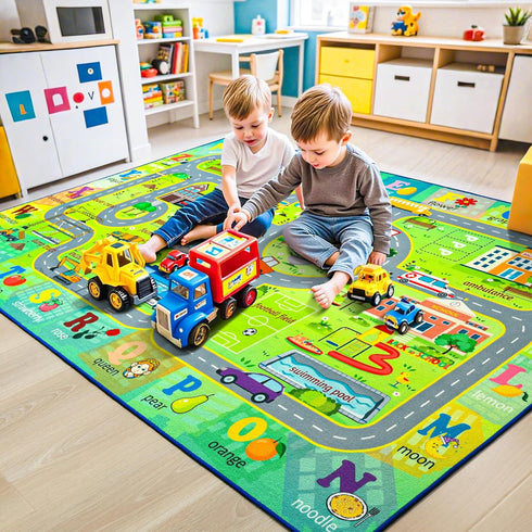 4x6 Chicrug Car Road Area Rug for Kids Playroom Bedroom, Non Slip Low Pile Washable ABC Alphabet Carpet for Classroom