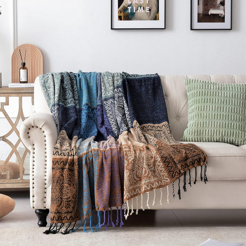 Edcooy Purple(60"*75") Boho Chair Cover Colorful Chenille Tassels Hippie Throw Blanket for Couch Bed Sofa Recliner
