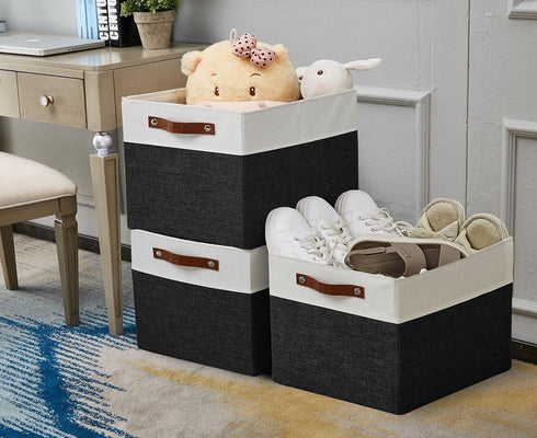 DECOMOMO Cubby Storage Bins, Fabric Storage Cubes for Kallax Shelves with Handles (Black and White, Kallax - 15"L X
