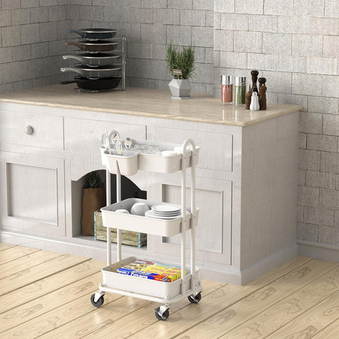 3-Tier Simple Houseware Multifunctional Rolling Utility Cart with Hanging Bucket, White