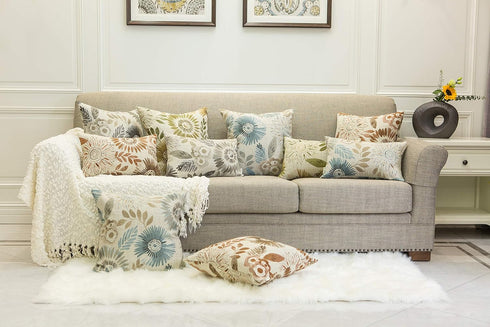Pack of 2 Decorative Throw Pillow Cases Cushion Cover for Sofa Couch Bed, Sunflower Pattern, 20x20 Inches, Blue Cream