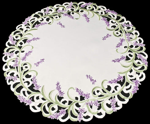 Linens, Art and Things Embroidered Purple Lavender Lilac on Ivory Large Doily, 24 Inch Round