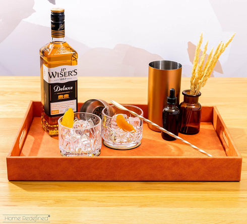 17.5"x12" Home Redefined Beautiful Modern Elegant Rectangle Orange Faux Leather Decorative Tray Ottoman Coffee Table