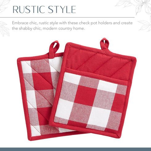 Elrene Home Fashions Farmhouse Living Buffalo-Check Pot-Holder Set, Rustic Kitchen Pot Holders, Set of 2, Red/White